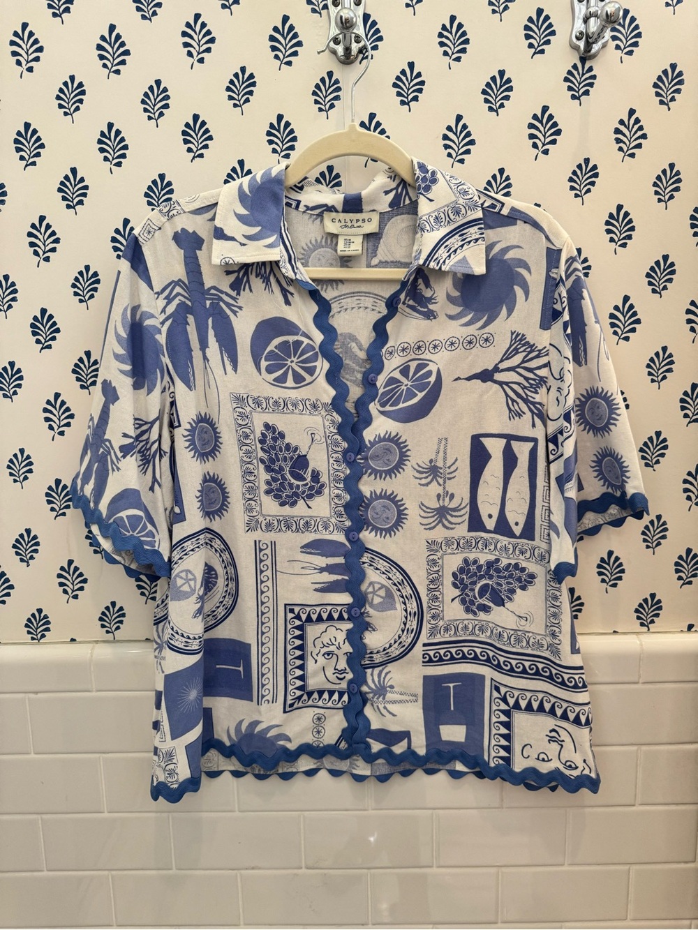 Calypso St. Barth Blue & White Mediterranean Print Shirt